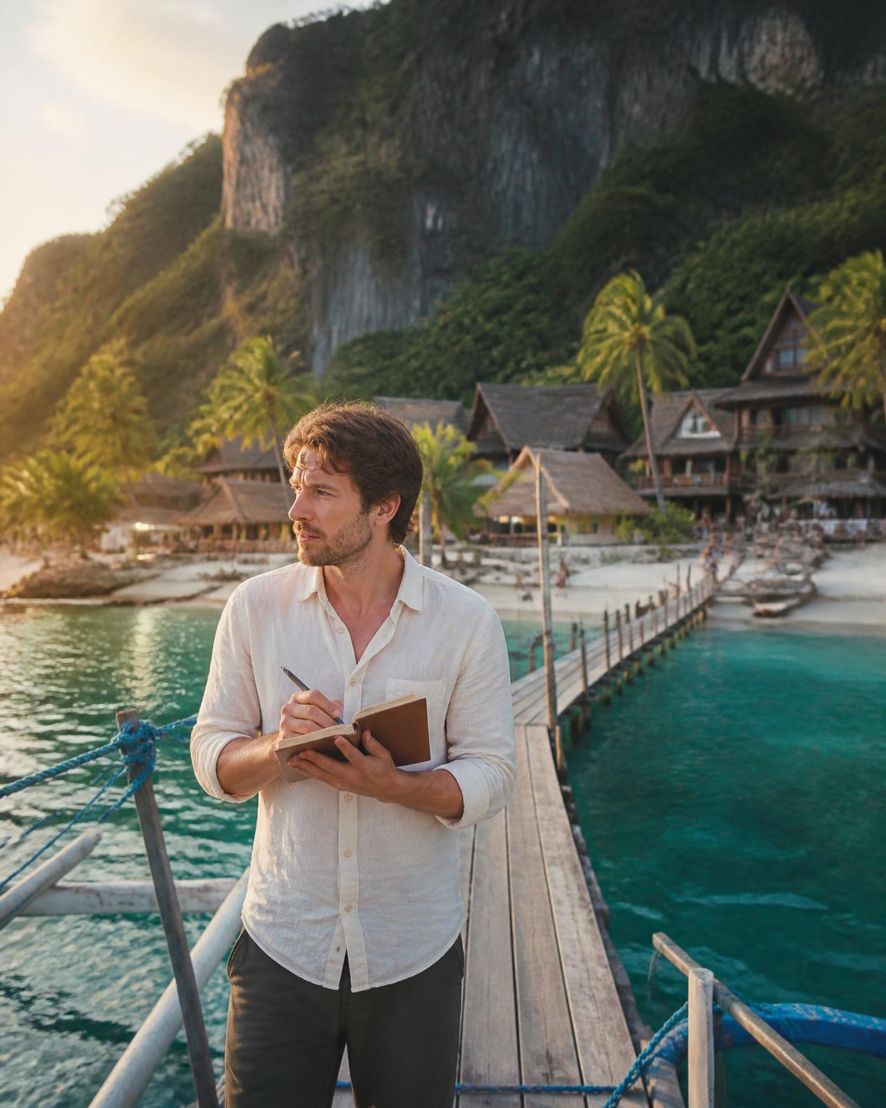 Expert voyage local aux Philippines prenant des notes sur un ponton en bois devant un hôtel de plage inspecté